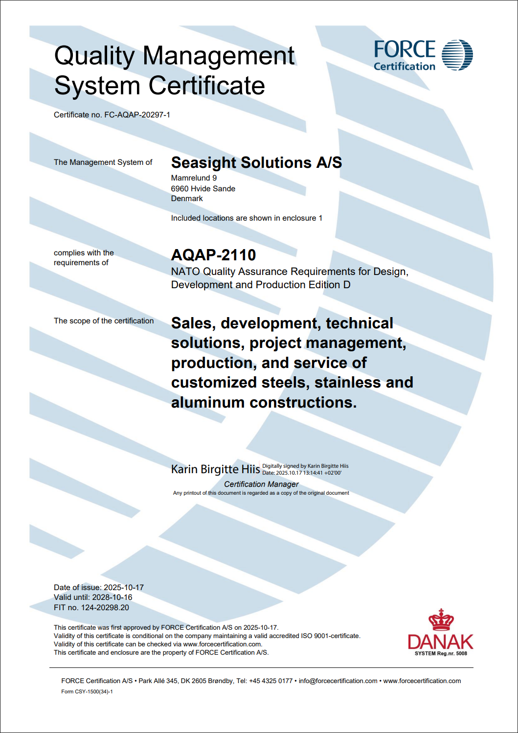 AQAP-2110 certifikat Seasight Solutions 2025